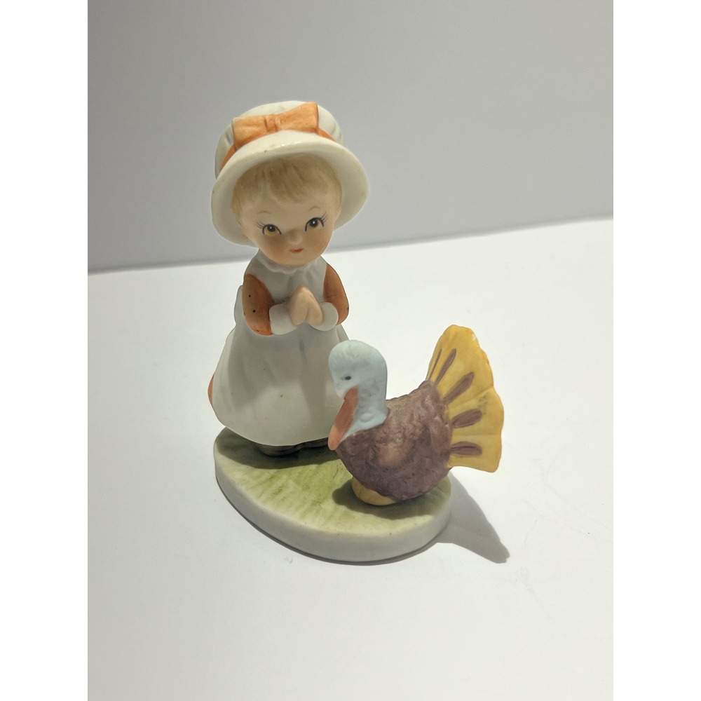 Vintage 1983 Lefton China Girl with Turkey Figurine 03713 Thanksgiving Decor